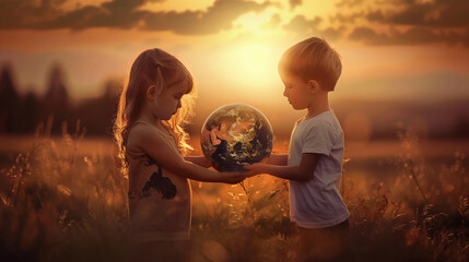 Children Protection Day. Two children holding the planet