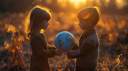 Children Protection Day. Two children holding the planet