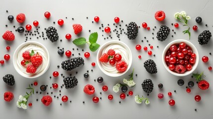  raspberries, blackberries in small bowls Mint leaves garnish on a white surface Whipped cream accompanies ..