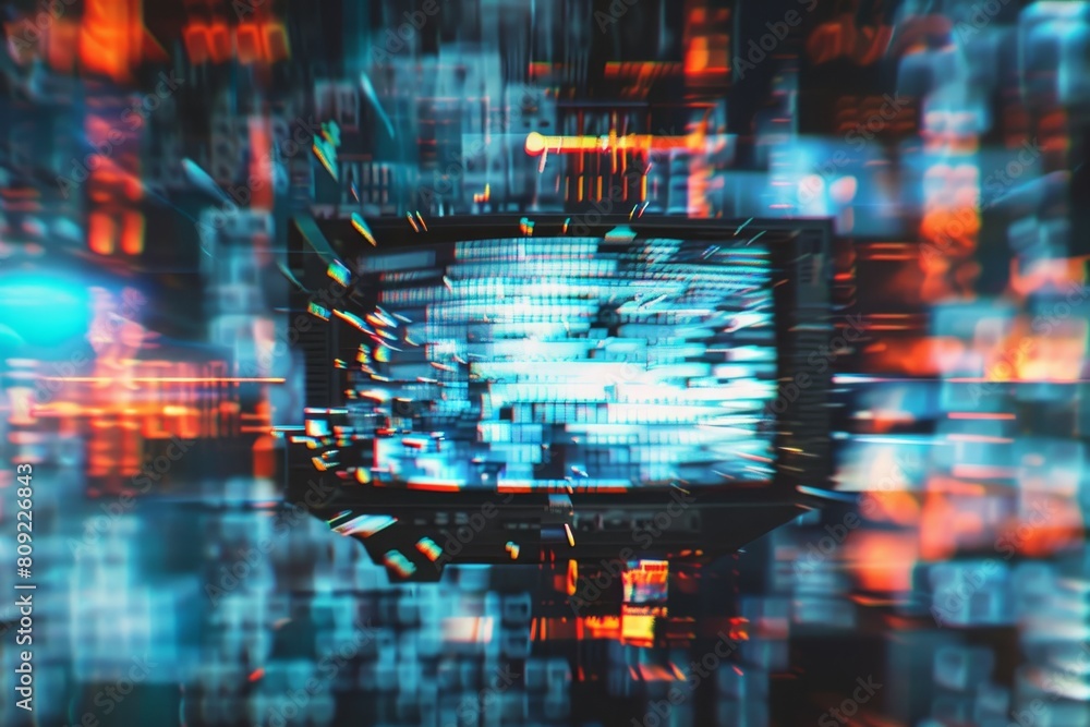 Poster television screen showing a multitude of distorted and unclear images due to a digital glitch effect