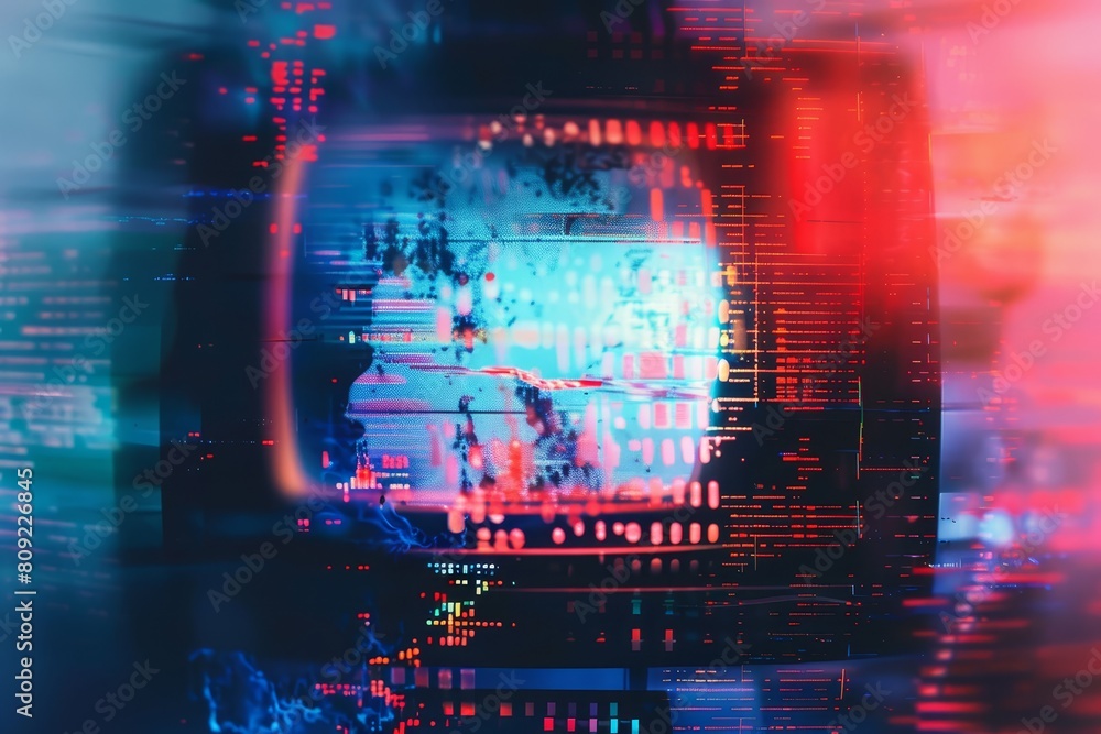 Poster a television screen displaying a red and blue background with a digital glitch effect resembling sta