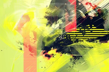 Digital glitch art depicting a man in black and yellow colors with distorted shapes, A digital glitch art composition with distorted shapes and lines on a lime green background