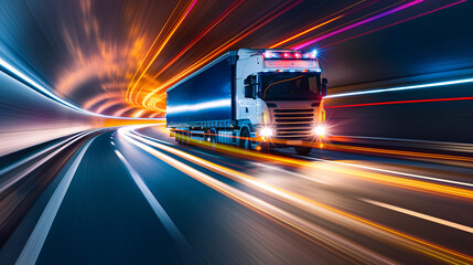 Fototapeta premium Cargo truck running on the city highway at night in full speed. In the style of long exposure motion blur