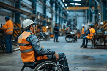A man in a wheelchair sits in a factory with other workers