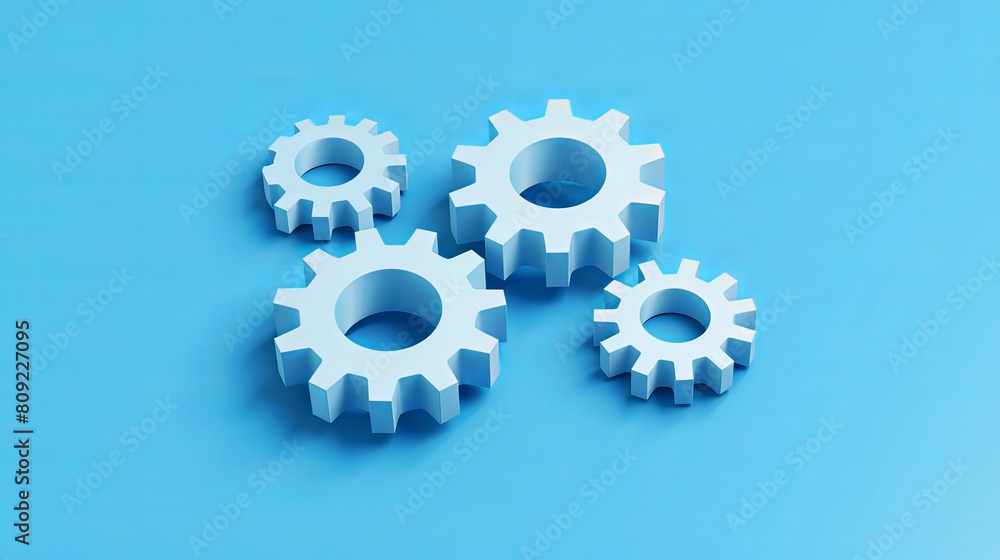 Poster minimalist 3d gears icon displayed on a blue background, representing repair, optimization, and work