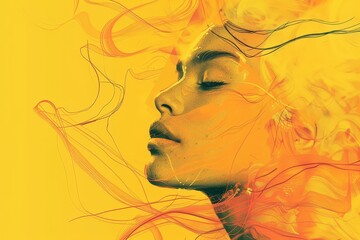 A woman with her eyes closed, feeling the wind as her hair blows around her, against a yellow background, A digital illustration showcasing a yellow background with digital effects