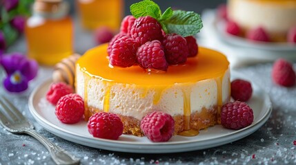   Cheesecake with raspberries on a plate with fork and orange juice