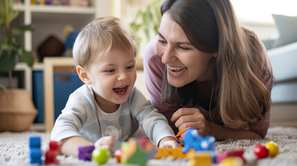 A woman happily engaged in play with a child on the floor, creating a joyful and interactive moment between them.