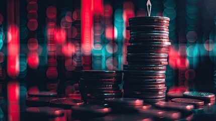 a shiny one-dollar coin placed delicately on top of a stack of assorted coins against a backdrop of a stock chart showing a downward trend on a sleek black surface