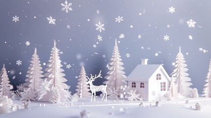 Obraz na płótnie Canvas Enchanting Paper Crafted Winter Scene with Cozy Cabin and Reindeer