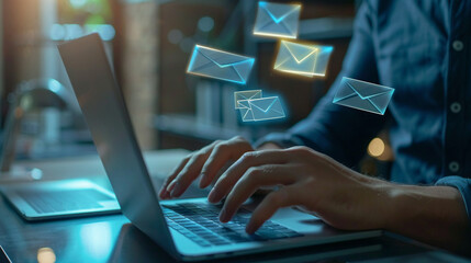 Email communication in a modern office setting, showing a professional drafting an important message on a sleek, minimalist laptopClose-up