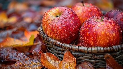   A basket brimming with red apples is placed atop a mound of leaves
