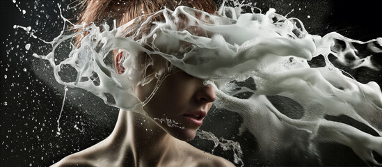 A woman with her head completely covered in white foam splashes.