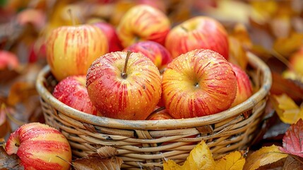   Basket with red and yellow apples atop yellow and red leaves