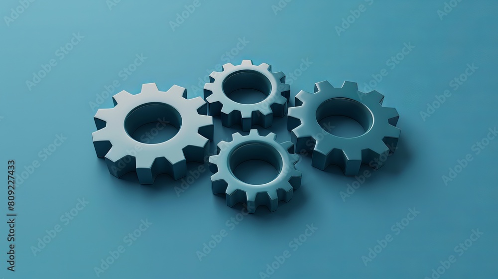 Poster minimalist 3d gears icon displayed on a blue background, representing repair, optimization, and work