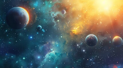 Abstract planets, sun, and space background. national asteroid day