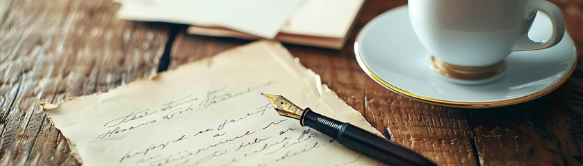 Letter writing at a traditional desk, featuring an elegant fountain pen, crisp stationery, and a cup of coffee, evoking a sense of nostalgiaRealistic Photography