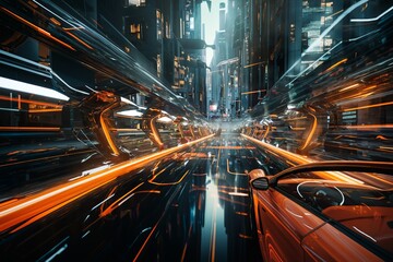 Fototapeta premium futuristic car on a glossy road in a tunnel with transparent walls, transport of the future, city streets
