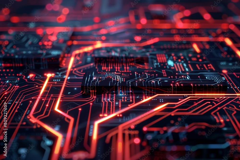 Poster close up of intricate network of wires and circuits on a computer motherboard, a digital landscape o
