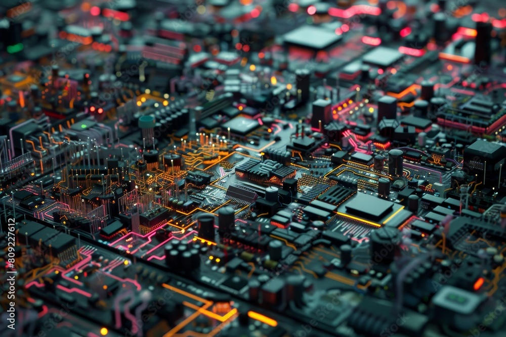 Poster close-up of a complex computer motherboard showing interconnected wires and circuits, a digital land
