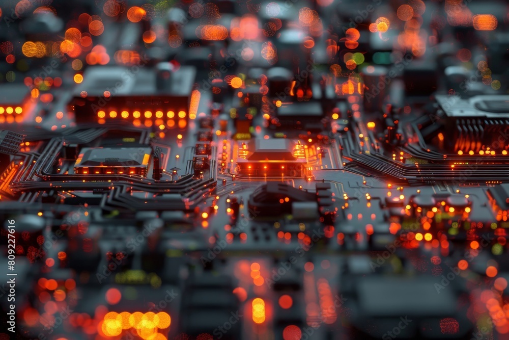 Poster detailed view of a complex computer motherboard showing interconnected wires and circuits, a digital