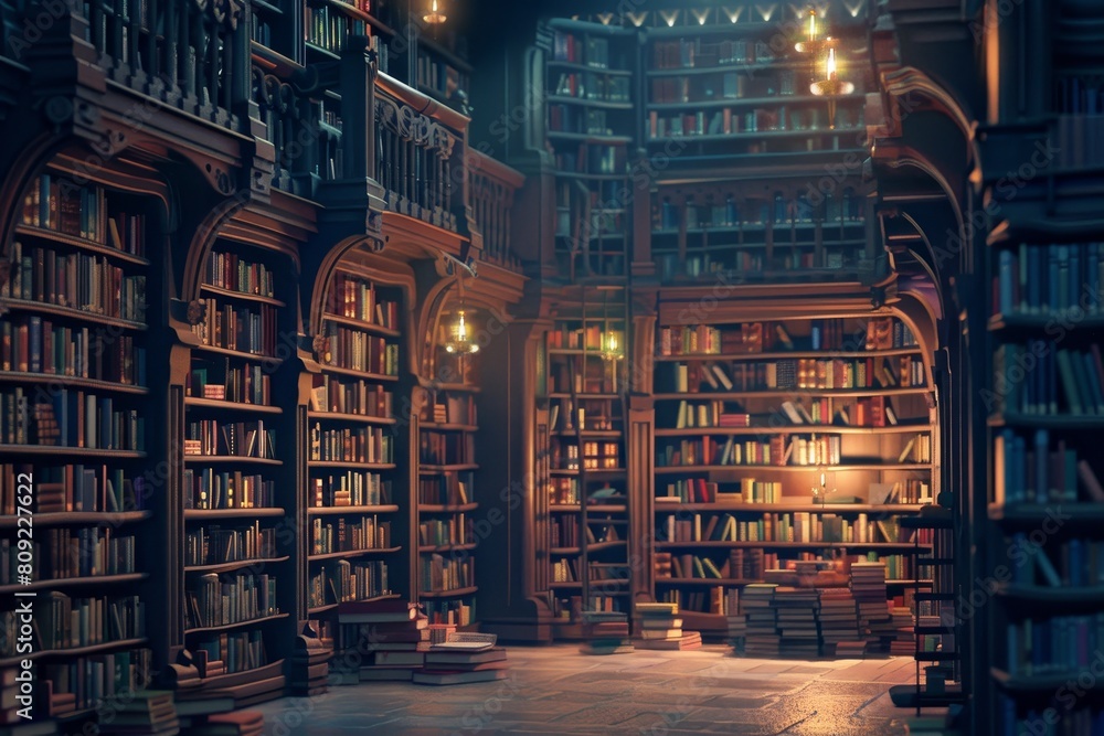 Poster a large library packed with numerous books and resources for learning and research, a digital librar
