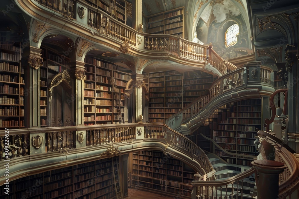 Aufkleber a staircase in a library surrounded by numerous books, showcasing the vast collection of educational