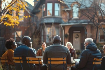 A group of people sitting around a table in front of a house - Powered by Adobe