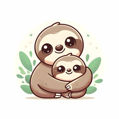 Adorable Sloth Hug Illustration: Cute Mother and Baby Sloth Embracing with Green Leaves, Perfect for Nursery Decor and Children's Books