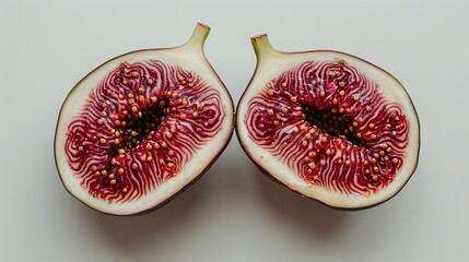   A cut-in-half figurine sits on top of a table next to another cut-in-half figurine