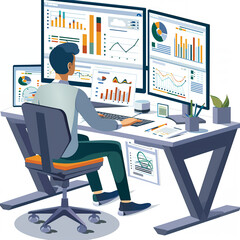 Professional emailing at a home office, a focused individual reviewing and composing business emails with dual monitors showing data analytics and correspondence3D vector illustrations