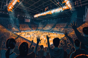 A digital painting showing a packed basketball stadium with excited fans watching a game, A digital...