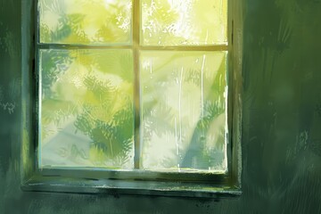 Digital painting of a gleaming, streak-free window in a green room, A digital painting of a gleaming, streak-free window