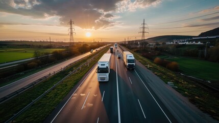 Obraz premium trucks and cars navigates the highway against the backdrop of a vibrant sunset and looming dark clouds in the springtime.