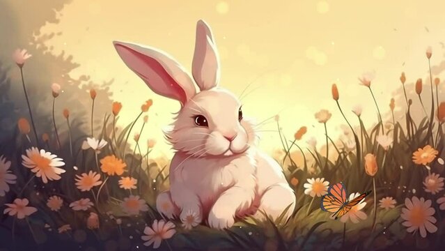 Cute White Rabbit Sitting in Flower Meadow Spring Field