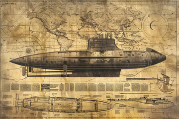 Historical Depiction of the First Combat Submarine with Design Annotations on an Old Naval Map
