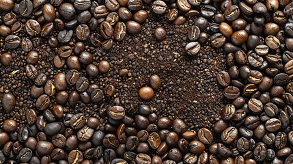   A circular arrangement of coffee beans on top of a pile of coffee beans