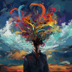 A painting depicting a mans head with vibrant and chaotic colorful hair, showcasing a unique chaos of mind and thoughts