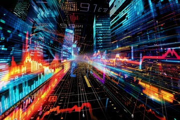 Obraz premium A city of the future lit up by vibrant neon lights, showcasing the urban landscape with a high-tech aesthetic, A digital representation of market trends and patterns