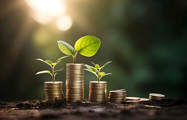 Coins stack with step growing plant and sunshine blurred nature