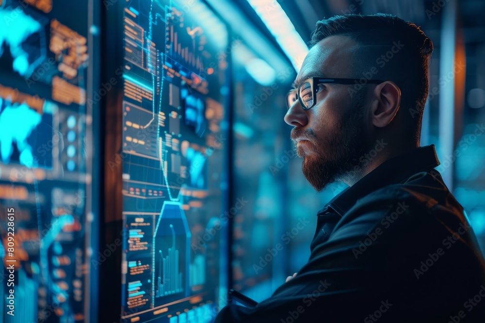 Poster a digital security officer wearing glasses closely monitors content displayed on a computer screen, 