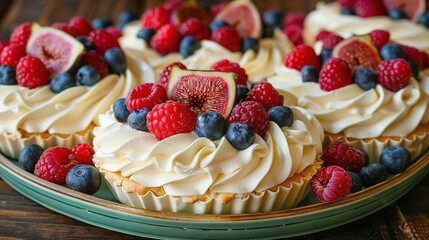   A close-up of a plate of cupcakes with frosting and fresh fruit on top