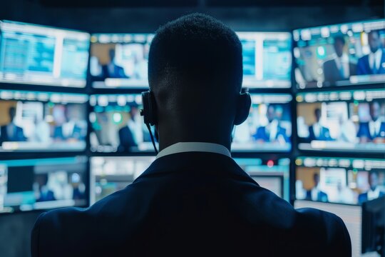 A man wearing a headset stands in front of a wall of television screens, overseeing security operations, A digital security officer overseeing the implementation of security policies
