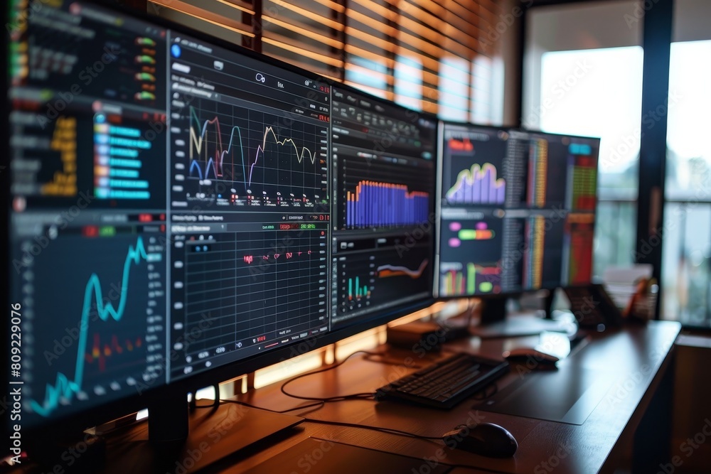 Poster computer monitor displaying graphs on a wooden desk in a digital workspace, a digital workspace with
