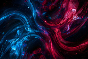 Abstract neon galaxy with swirling red and blue celestial bodies. Vibrant artwork on black background.