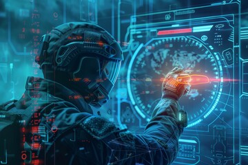 A man dressed in advanced armor points at a digital clock in a high-tech setting, A digital warrior protecting a virtual fortress from cyber threats