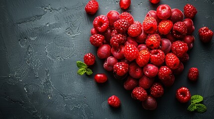   Arranged in a heart shape on a black background, with green leaves surrounding the raspberries