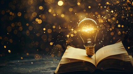 Representing thinking and creativity, a light bulb rests on a book against a vintage dark background, symbolizing the idea of reading books for knowledge and inspiration.