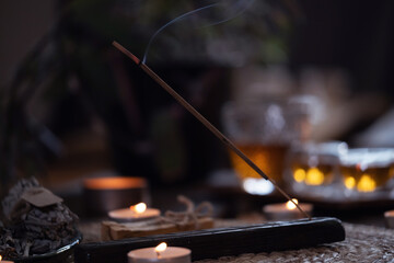 Burning aroma stick incense. Relaxing, stress relief, meditation smoke, refreshing, sensuality...