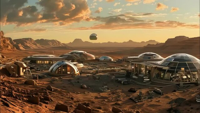 Futuristic desert colony under a golden sunset, concept of space exploration and advanced civilizations